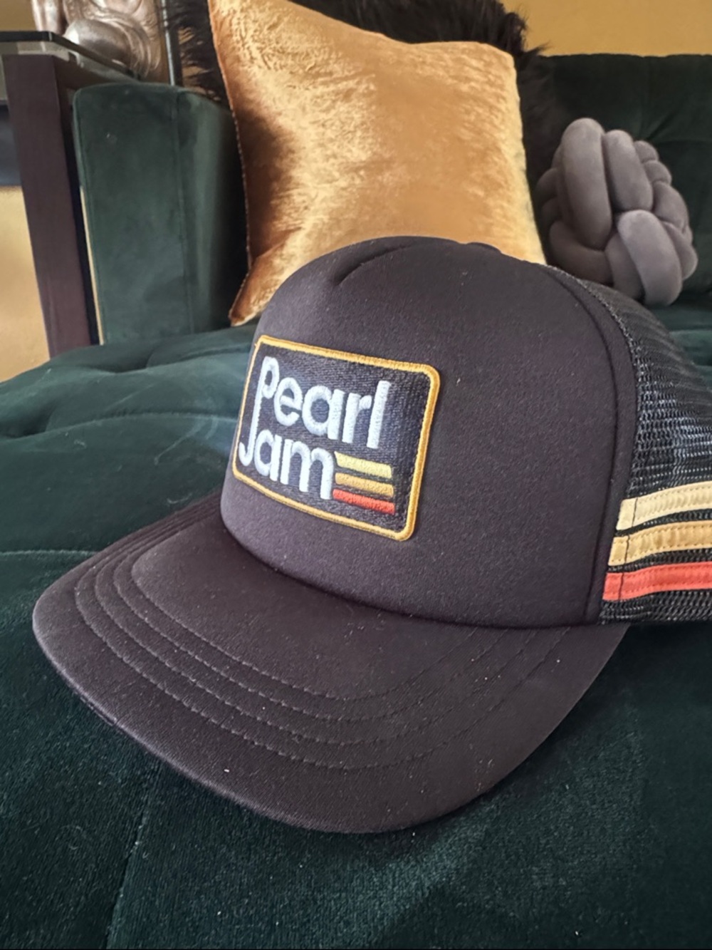 Pearl Jam Black Trucker Hat with Yellow and Orange Stripe Embroidery - Picture 3 of 4